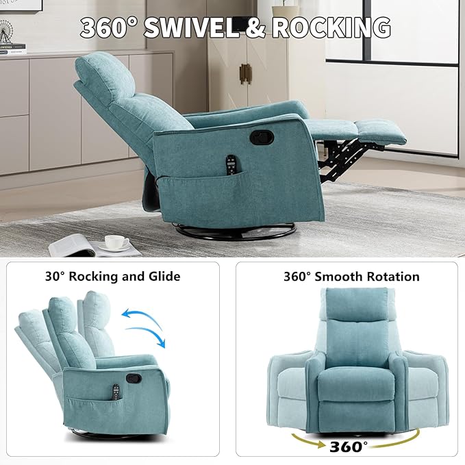 Swivel Rocker Recliner Chair 360° Swivel Recliner with Heat and Massage Rocker Recliner Easy to Clean Nursery Glider Recliner Chair with Side Pockets for Living Room Mint Green