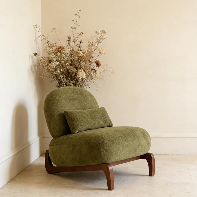 Modern Comfy Upholstered Cloud Armless Accent Chair Cozy Fabric Lounge Chairs with Wood Legs &amp Pillow Comfortable Sofa Reading Chair for Living Room Bedroom Apartment Balcony Green