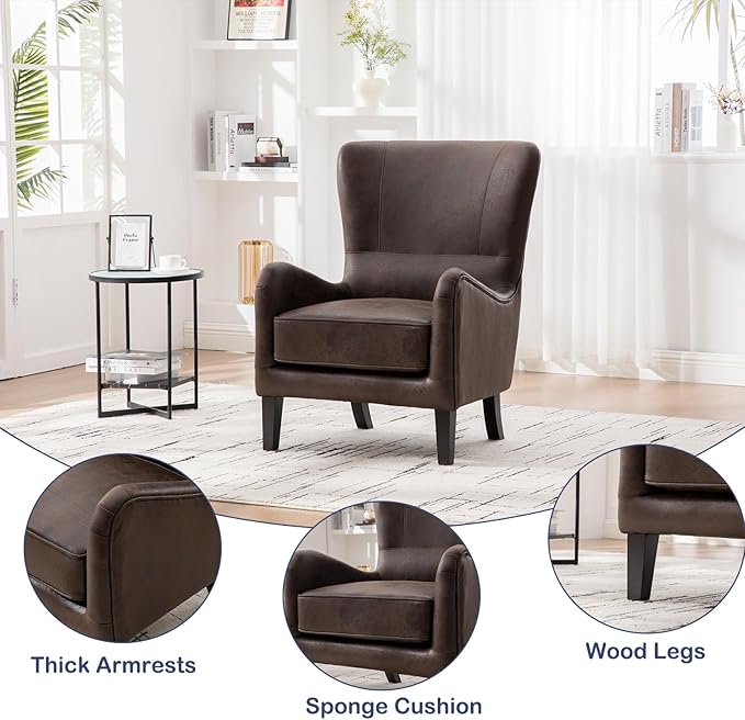 Chifee &amp Vingol 28W Mid-Century Accent Chair Modern Wingback Club Chairs Faux Leather Upholstered Armchair with High Backrest Ergonomic Single Sofa Chair for Living Room Bedroom Reading NookPU B