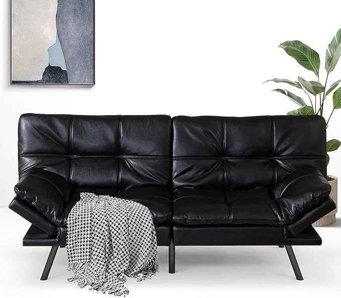 Opoiar 71-Inch Futon Sofa Bed Convertible Guest Bed &amp Loveseat | Cozy Faux Leather with Adjustable Positions for Welcoming Living Rooms - Black