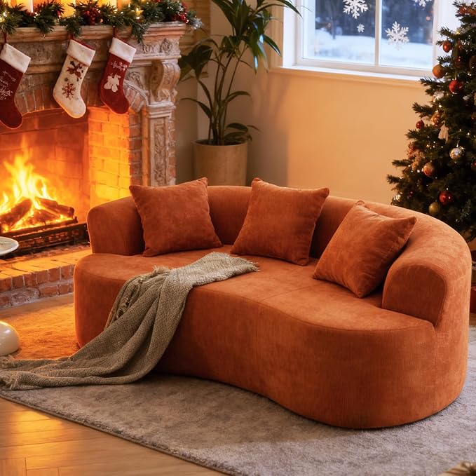 Luxury 80” Curved Loveseat Sofa Chenille Curved Couch with 2 Big Pillows &amp Extra Wide Armrests Comfy Upholstered Oversized Loveseat Couch &amp Sofa for Living Room (Orange 80 Inches)