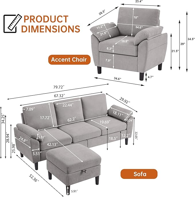 Sectional Sofa Set 2 Pieces 3 Seat L Shape Couch with Ottoman and Accent Chair Sofa Set Polyester Fabric for Living Room Light Grey