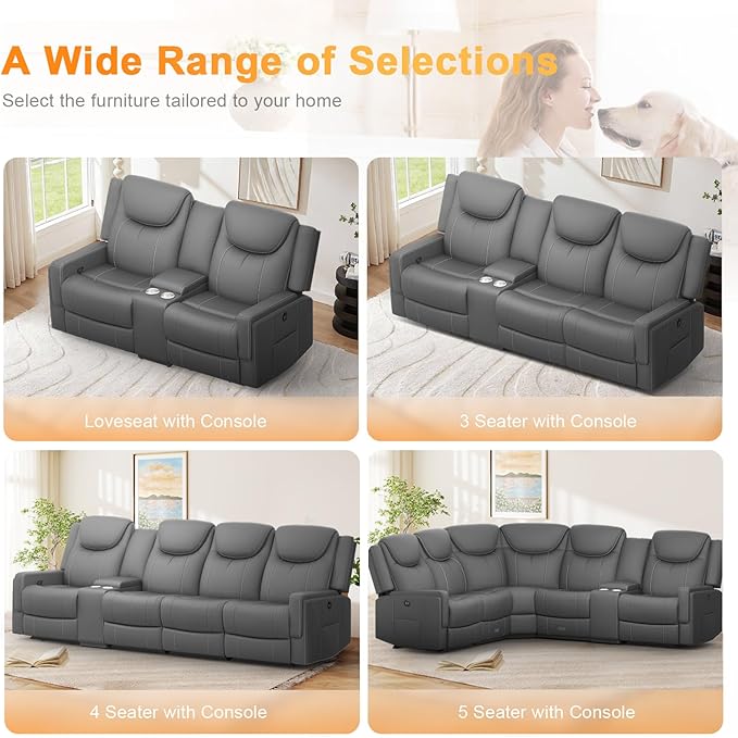 Loveseat Recliner Sofa Gray PU Leather Double Recliner Loveseat with Console Cup Holders Storage &amp USB Ports Ergonomics Manual Reclining Sofa Couch for Living Room RV