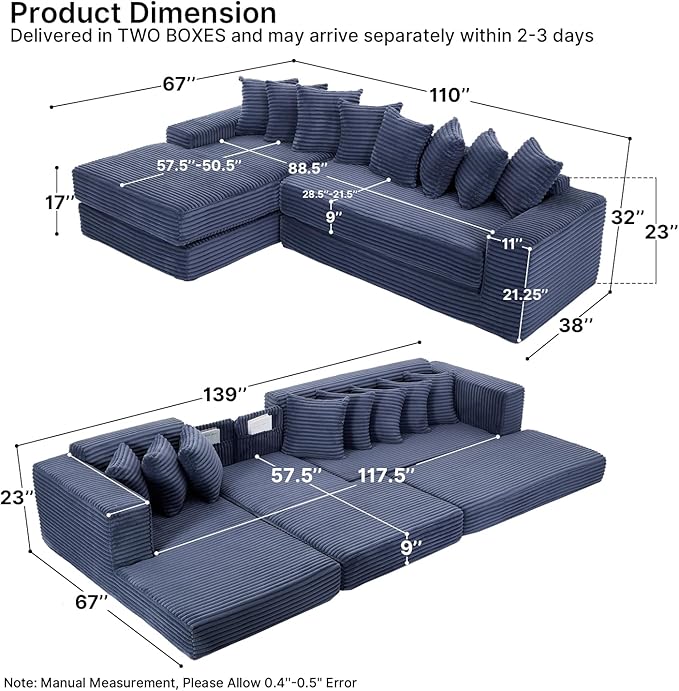 110 Boneless Couches for Living Room Cloud Modular Sectional Sofa Bed Customizable Convertible Sleeper Sofa Plush Corduory Folding Futon Floor Couch No Assembly(BlueLeft)