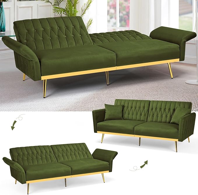 2 Pieces Velvet Sofa Set with Adjustable Armrest and Backrest 70” Convertible Futon Sofa Bed &amp Mordern Accent Chair with Ottoman for Living Room Bedroom Olive Green
