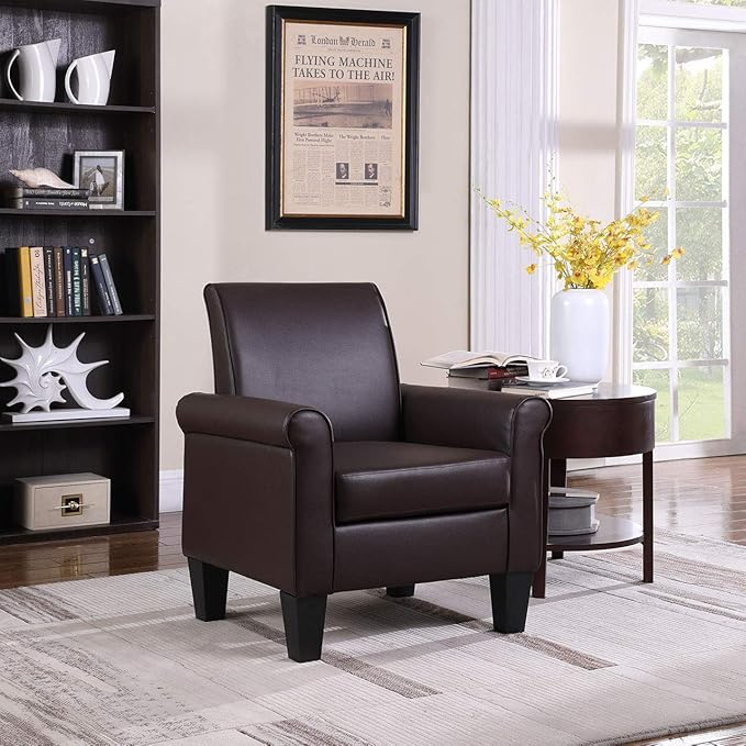 Lohoms Pu Leather Accent Chair Set of 2 Overstuffed Mid Century Modern Living Room Chairs Upholstered Comfortable Reading Chair Fake Leather Armchair for Bedroom Office -Brown
