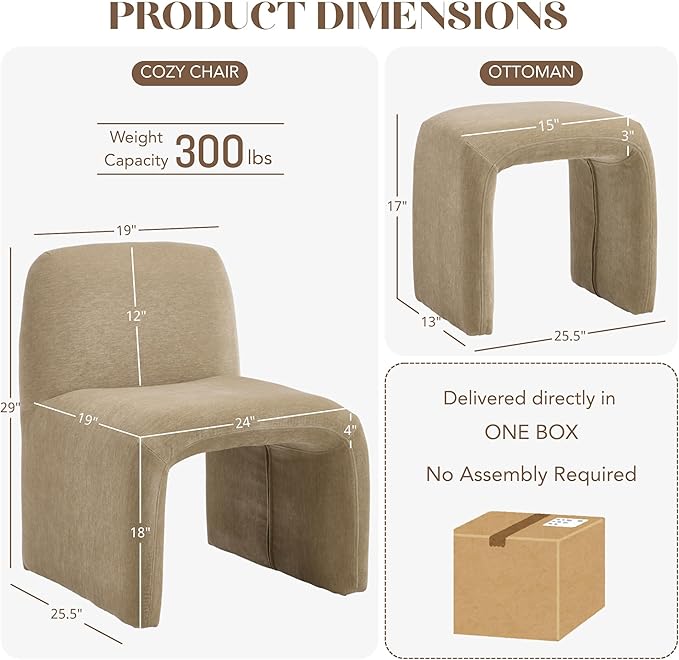 Accent Reading Chair with Ottoman Chenille Upholstered Comfy Armless Accent Chair with Footrest Modern Side Lounger for Living Room Bedroom Khaki