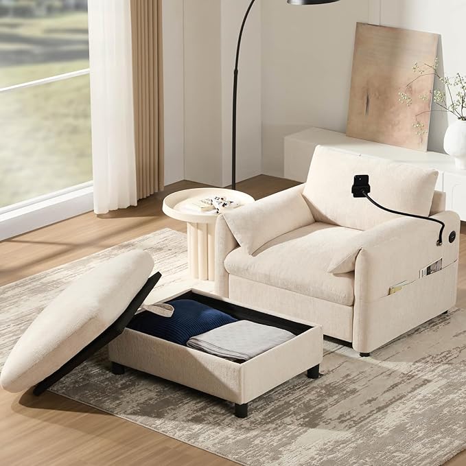 Oversized Accent Sofa Chair with Ottoman Chaise Lounge Chair with Phone Holder USB Charger Side Pockets Chenille Reading Armchair for Living Room Bedroom (Beige)