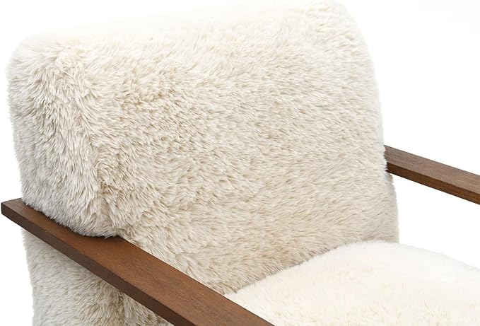 Comfortable Faux Fur Reading ChairModern Luxury Accent Chair Side Chairs with Curved Wooden Armrests for ApartmentLiving RoomOfficeStudyBeige