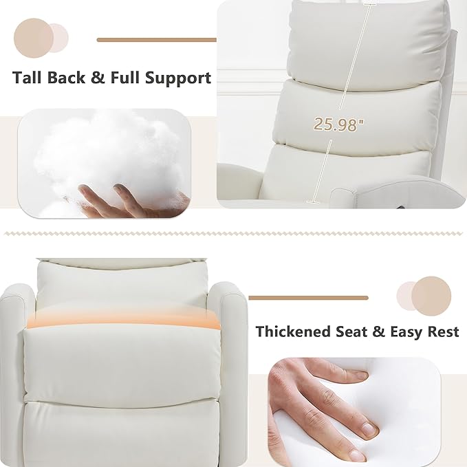 cinkehome Swivel Rocker Recliner Chair Upholstered Nursery Glider Recliner Chair with Heated Massage High Back Side Pocket (White PU Leather)