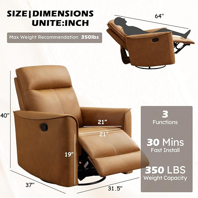 ANJ Manual Swivel Rocker Recliner Glider Recliners with Padded Armrest and Backrest Soft Faux Leather Nursery Rocking Recliner Chair Reclining Sofa for Living Room
