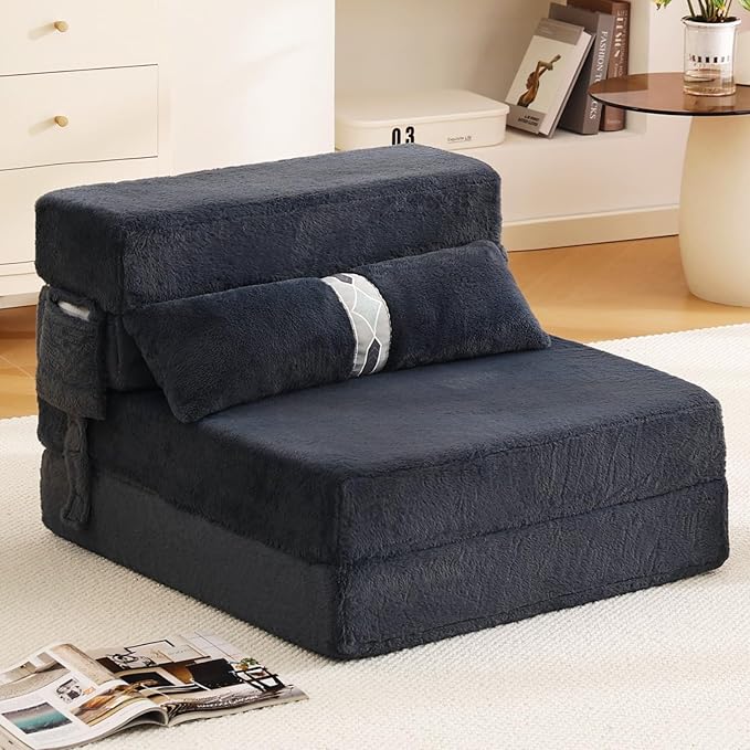 Tiita Folding Sofa Bed with Pillow Memory Foam Fold Out Chair Bed Single Size Convertible Chair Floor Couch &amp Sleeping Mattress Foldable Sleeper Sofa Bed for Guest Room Living Room Navy