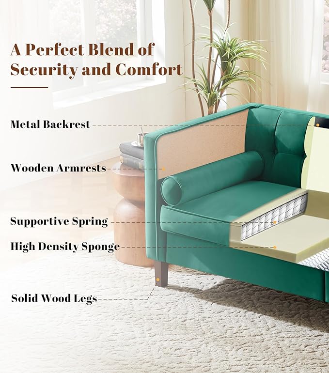 Dreamsir 58'' W Velvet Sofa Mid-Century Love Seats Sofa Furniture with Bolster Pillows Button Tufted Couch for Living Room Tool-Free Assembly (Loveseat Green)