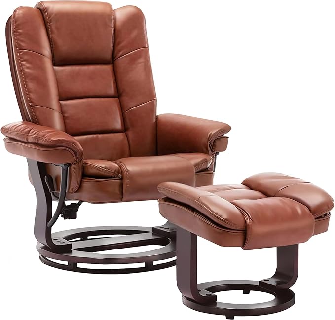 Argus Swivel Recliner with Ottoman PU Leather &amp Wood Base Reclining Chair with Footrest Ultra-Plush Double Foam for Living Room Bedroom and Office Set of 1