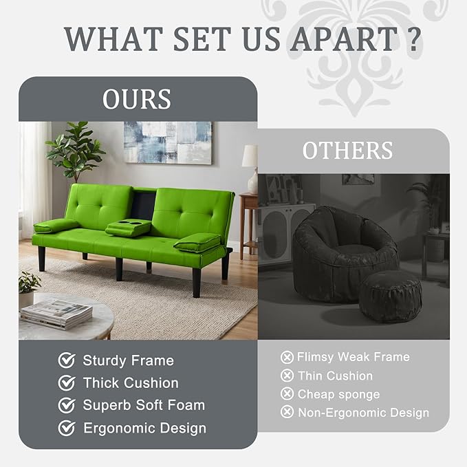 Futon Sofa Bed PU Leather Modern Convertible Futon Couch with Removable Armrests Cup Holders Loveseat Sleeper Sofa Bed for Living Room Apartment Small Spaces (Green)