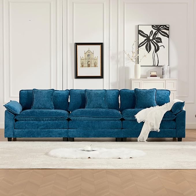 117.9 Modern Cozy Sectional Couches for Living Room Blue Chenille Comfy Cloud Couch Sectional 3 Seater Couch for Living Room Sofas para Sala I Shaped Sofas &amp Couches (Blue 3+0 Set)
