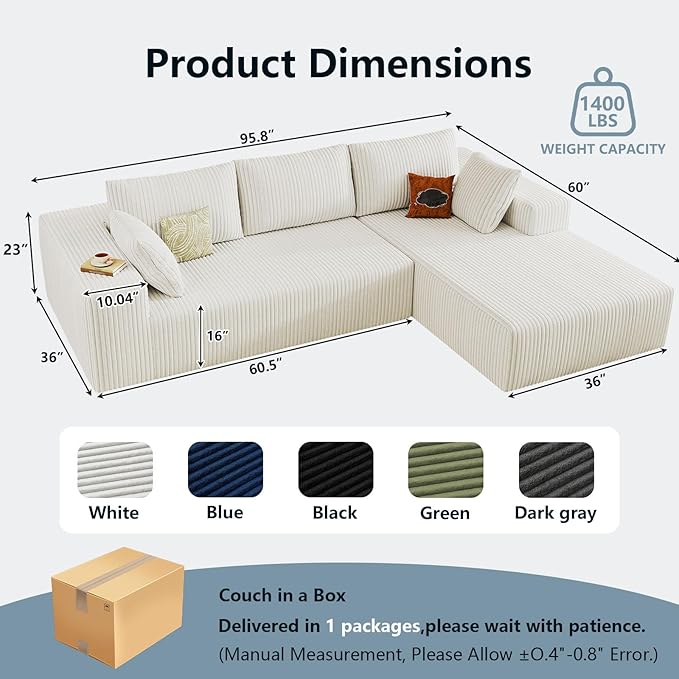 96 Cloud Sectional Couch with L-Shape Chaise Modern Corduroy Boneless Couch for Living RoomMemory Foam Sofa with Deep SeatNo Assembly Required (WhiteRight-Facing Chaise)