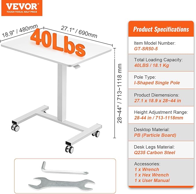 VEVOR Mobile Standing Desk 28-44 Gas-Spring Height Adjustable Sit-Stand Desk 4 360° Swivel Wheels (2 Lockable) Portable Rolling Laptop Table Computer Cart for Home Office School 40LBS Loading