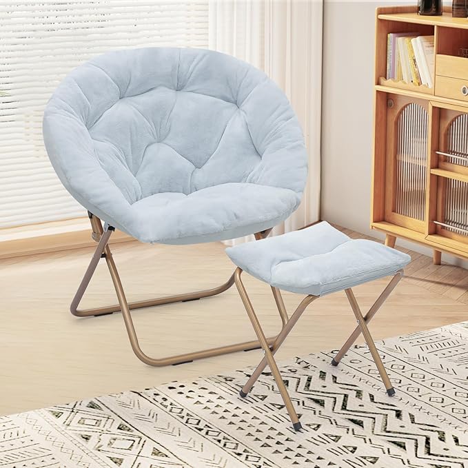 Foldable Oversized Moon Chair with Footrest Large Faux Fur Round Saucer Moon Chair with Folding Footrest Stool for Teens and Adults