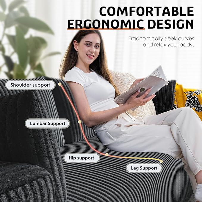 146 Oversized Boneless Couch Modular Sectional Couches for Living Room U-Shaped Deep Seat Chaise with Side Pockets No Assembly Required Plush Corduroy Fabric Sleeper Sofa Dark Gray