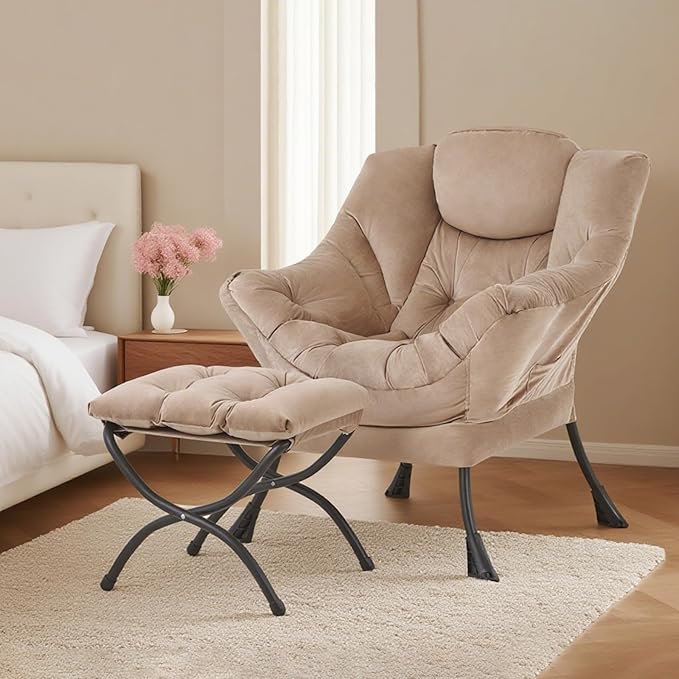 Tiita Lazy Chair with Ottoman Khaki Modern Large Accent Chair Comfy Leisure Sofa Armchair with Ottoman Reading Chair with Footrest for Bedroom Living Room Dorm Rooms Velvet Khaki