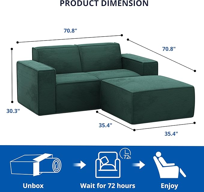 Cozy Castle 71 Loveseat Sofa L Shaped Comfy Corduroy Boneless Couch with Deep Seat and Ottoman Chaise Cloud Sofa Upholstered Couches for Living Room Bedroom No Assembly Required (Green)