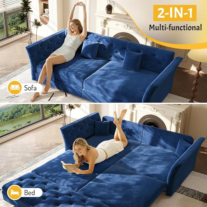 KEIKI 74.7 Queen Pull Out Sofa Bed Velvet Convertible Sleeper Sofa Button Tufted Chesterfield Sofa Pull-Out Couch Bed for Living Room Bedroom Apartment Blue