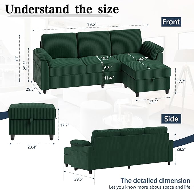 Meilocar Sectional Sofa Couch for Living Room 79 Sectional Couch with Storage Ottoman L Shaped Couches with Armrests Side Storage Pockage 3-Seat Sofa Couches for Living Room Apartment Green