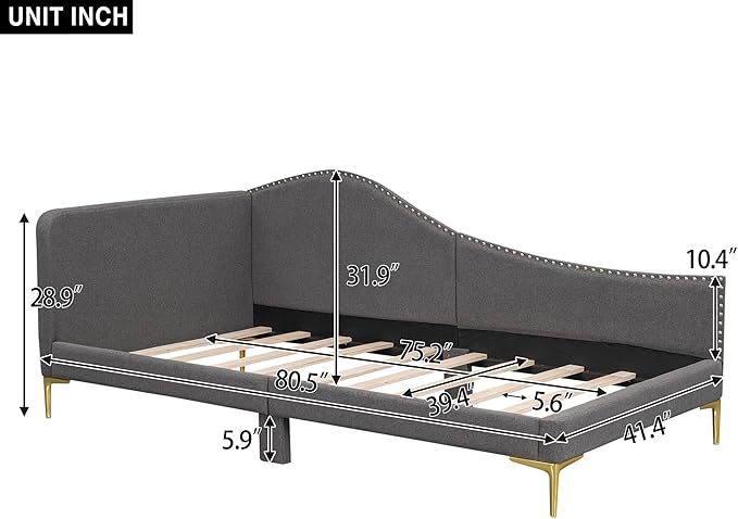 Upholstered Daybed with Headboard and Armrest Linen Fabric Sofa Bed with Sturdy Wood Frame and Support Slats Multi-Functional Bed for Bedroom Living Room and Office (Grey Twin)