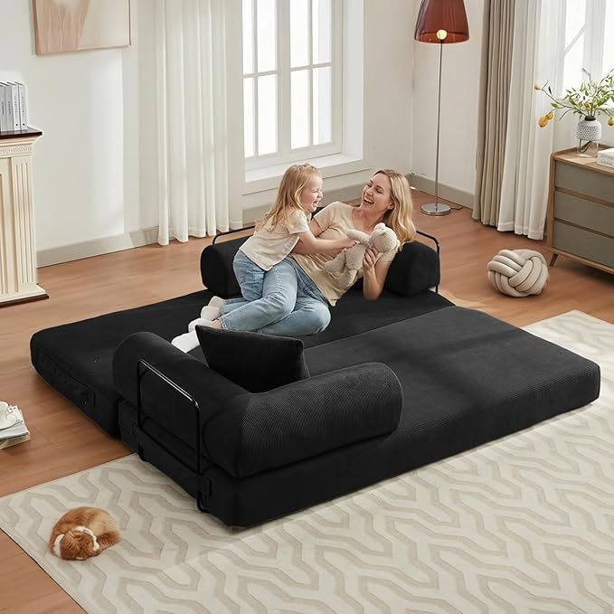 Convertible Folding Sofa Bed Modular Floor Sofa with Removable Backrest Corduroy Folding Mattress Couch with Fixed-Shape Frame for Living Room Bedroom Lounge (Black)