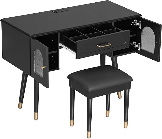 Merax Modern Home Office Desk with Stool Black Elegant Frosted Glass Doors Writing Desk with 1 Compartment Storage Drawer &amp 2 Cabinets &amp Charging Port