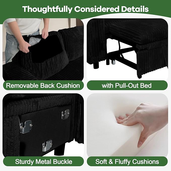 Oversized Sectional Couch U Shaped Corduroy Couch for Living Room Sectional Sleeper Sofa with Pull Out Bed Convertible Sofa Bed for Living Room Bedroom and Apartment Black