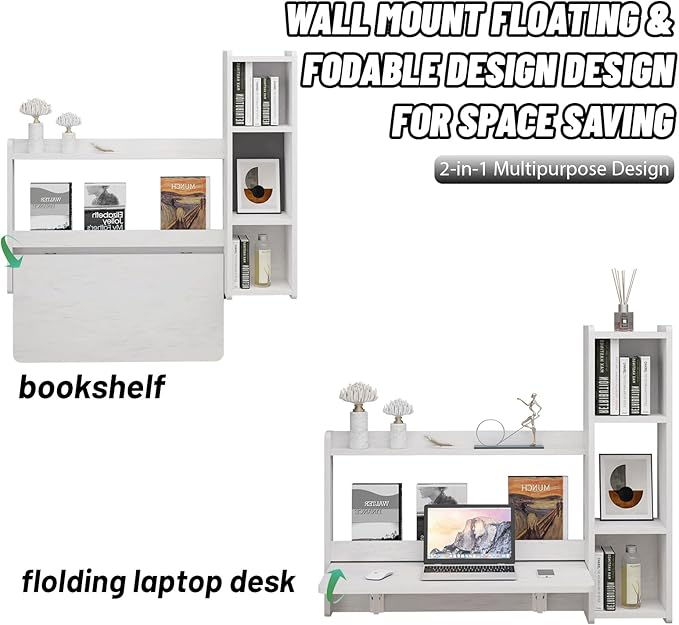 Pmnianhua Floating Desk41'' Wall Mounted DeskFold Down Laptop DeskFolding WorkstationSpace Saving Table with Storage for Bedroom Study Room Small Space (Off White-Left)