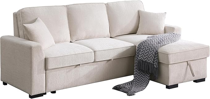 INSTORY Sectional Sleeper Sofa with Pull-Out Bed Drop-Down Table USB &ampType-C Port Cup Holders Beige