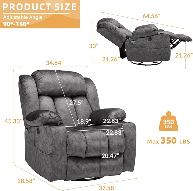 360° Swivel Glider Rocking Recliner Chair Overstuffed Manual Massage Recliner with Heat and Vibration Single Modern Sofa Home Seating for Living Room USB Ports/Cup Holders (Plush-Grey)