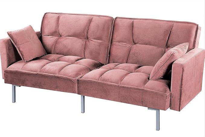 Regal 75.6 Velvet Convertible Sofa Bed - Mid-Century Sleeper Couch w/Tufted Design &amp Metal Legs - Pull-Out Futon for Guests/Home (75.6 W x 34.6 D x 32 H) Rose