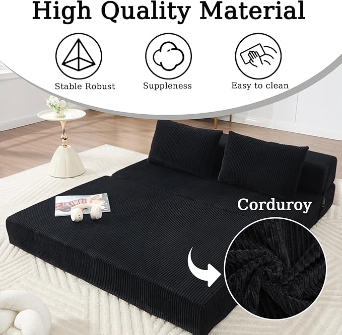 55 Convertible Folding Sofa Bed with 2 Pillows Corduroy Foldable Sleeper Sofa for Adult Floor Couch Bed for Living Room Bedroom No Assembly (Black)