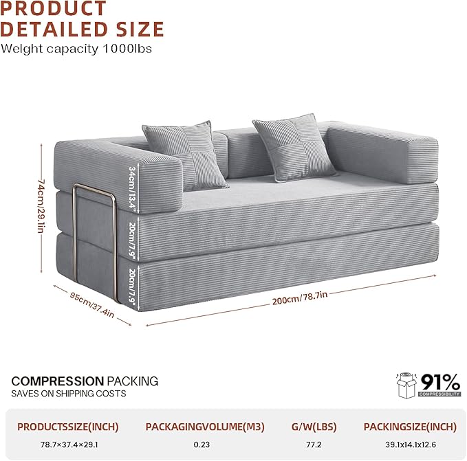 79 Convertible Sofa Bed with 2 Pillows Fixed-Shape Frame Removable Armrests Corduroy Boneless Futon Sofa Bed Modular Foldable Sleeper Couch for Living Room Bedroom Dorm（Beige Grey）