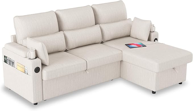 Sectional Sleeper Sofa with Pull Out Couch Bed with Storage Chaise for Living Room Comfy Linen Modular Sectional Sofa with Dual USB &amp Type-C Cup Holders (Beige 81 Inches)