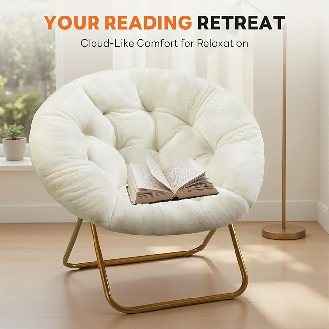 Sweetcrispy Cozy Saucer Chairs Faux Fur Living Room Reading Lounge Furniture Folding Comfy with Soft Thick Padded Seat Metal Frame Modern Style for Bedroom Home Adults X-Large White