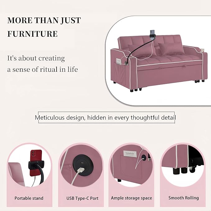 Loveseat Pull Out Couch 3 in 1 Convertible Sofa Bed Adjustable Backrest with Phone Holder Side Pocket &amp USB Port Modern Sofa for Living Room Bedroom Apartment (Pink)