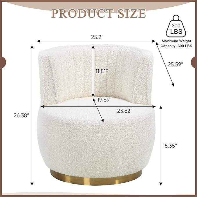 KINFFICT Swivel Barrel Chair Modern Upholstered Accent Chair 360° Swivel Round Lounge Chair with Gold Metal Base Comfy Arm Chair Sherpa Chair for Nursery Living Room Bedroom Club White