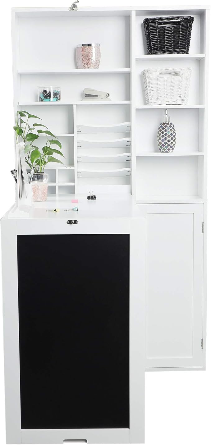 Utopia Alley Collapsible Fold Down Desk Table | Computer Desk with Large Storage Cabinet &amp Bottom Shelves Stylish Furniture for Home Office Crafting and More (White)