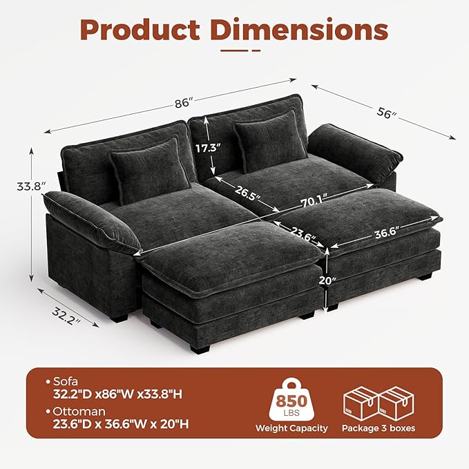 CDCASA 86 Modular Sectional Sofa Comfy Cloud Couch with 2 Movable Ottoman 4-Seater Chenille Deep Seat Sofa Bed Modern Sofa Couch for Living Room DIY Combination Black