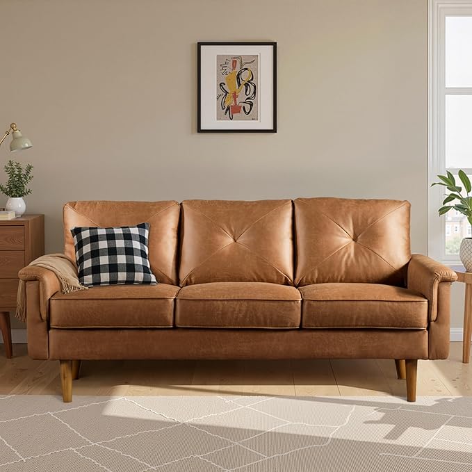 ovios Luxury 3 Seater Sofa with Faux LeatherMid-Century Modern Couch with Comfortable ArmrestComfy Couches with Deep SeatSmall Sofas for Living Room Bedroom (Light Brown)