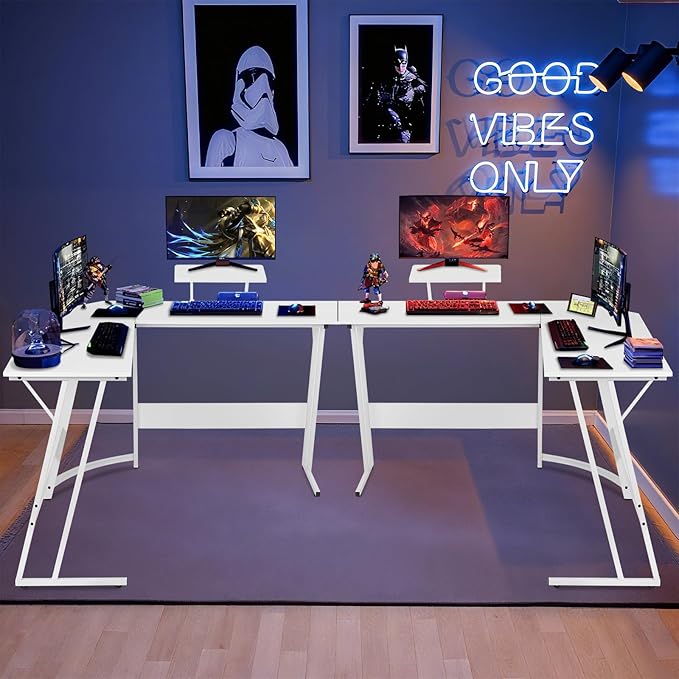 51 Inch L Shaped Gaming Desk Corner Computer Desk with Detachable Monitor Stand for Home Office Learning Gaming WorkstationWhite