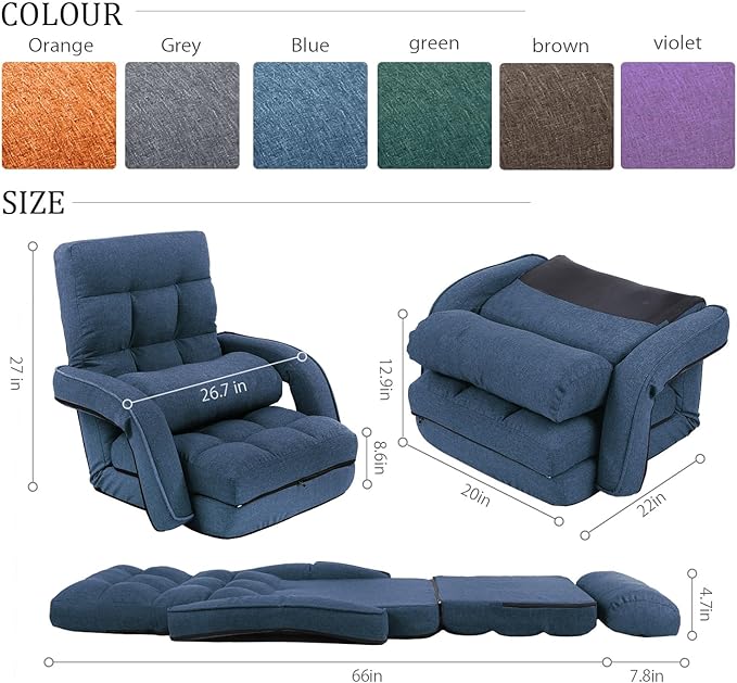 FLOGUOR 42-Position Adjustable Floor Chair Chaise Lounge Indoor Folding Lazy Sofa with Armrests and a Pillow Padded Adults Gaming Chairs for Living Room Bedroom Factory Price 8803XM (Blue)