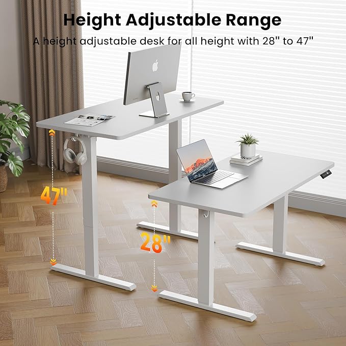 48x24 Inches Height Adjustable Electric Standing Desk with 2 Hooks for Home Office Ergonomic Sit Stand up Desk with Splice Board White
