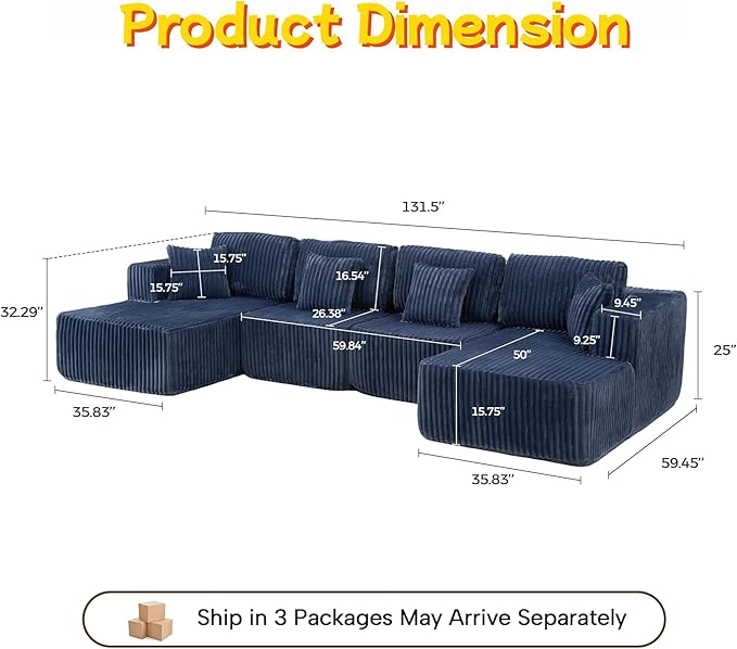 132 U Shaped Boneless Couch Cloud Sectional Modular Sofa with Double Chaise Lounge Corduroy Cloud Couch with Pillows &amp Deep Seat Boneless Sofa for Living Room Blue