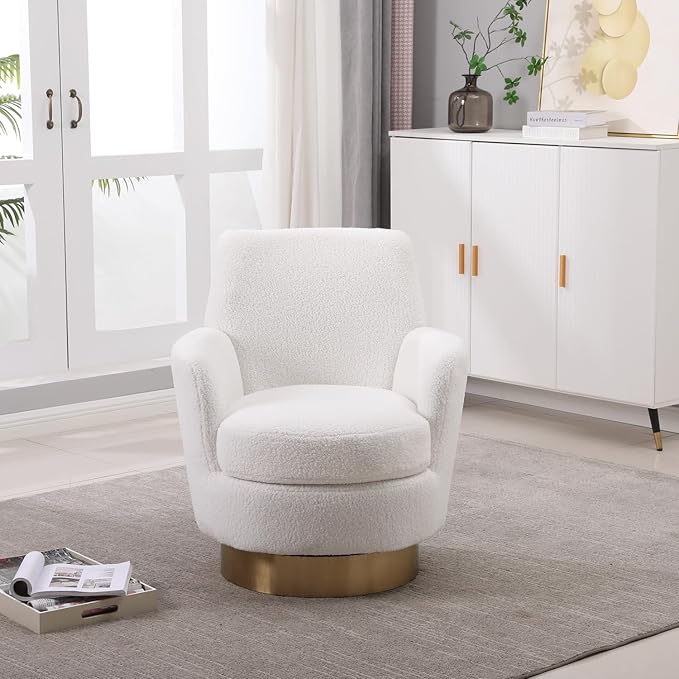 Teddy Swivel Barrel Chair Swivel Accent Chairs Armchair for Living Room &amp Bedroom - Comfy Round Barrel Chairs with Gold Stainless Steel Base (Ivory)